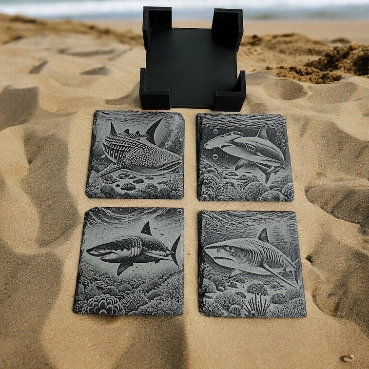 Shark-Themed Coaster Set – Premium Stone Coasters with Holder - Vibrant Wildlife Art - Rustic Home Decor