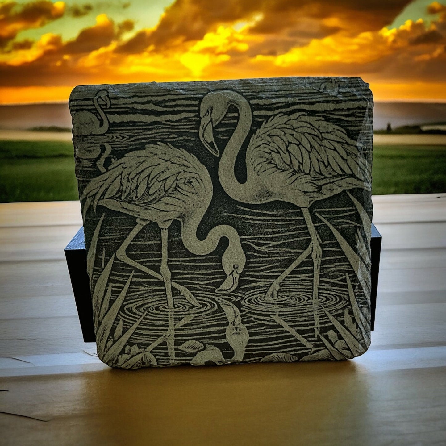 Flamingo Coasters with Holder – Set of 4 Stone Coasters – Flamingo Themed Drink Accessory | Home Decor | Gift for Flamingo Lovers