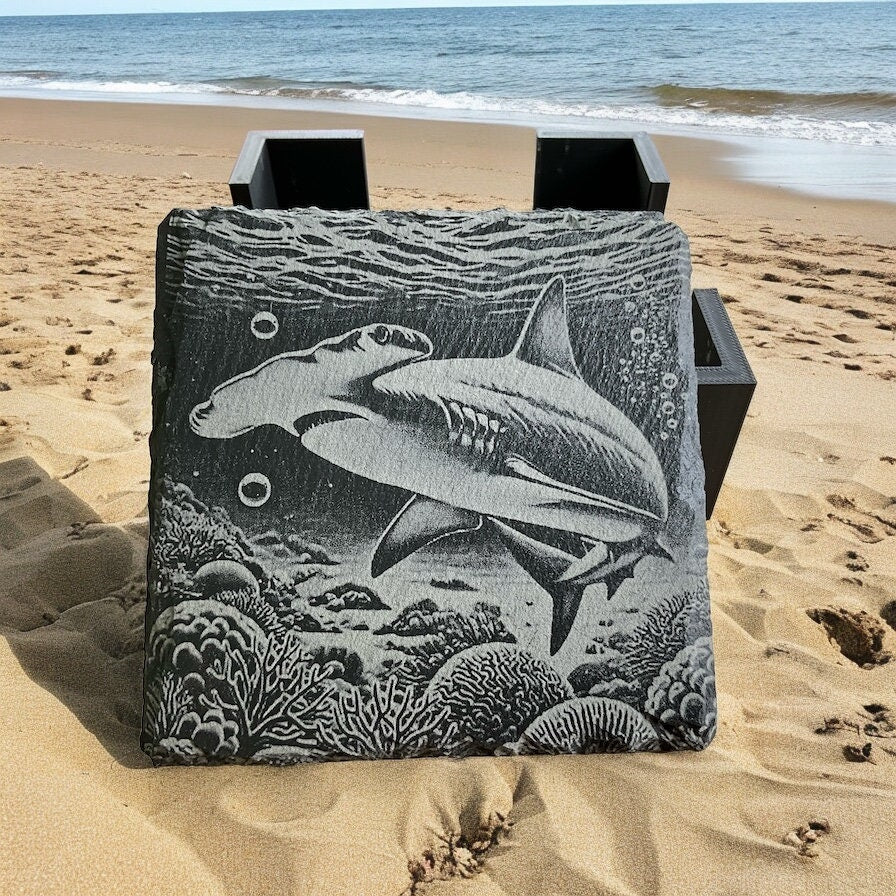 Shark-Themed Coaster Set – Premium Stone Coasters with Holder - Vibrant Wildlife Art - Rustic Home Decor