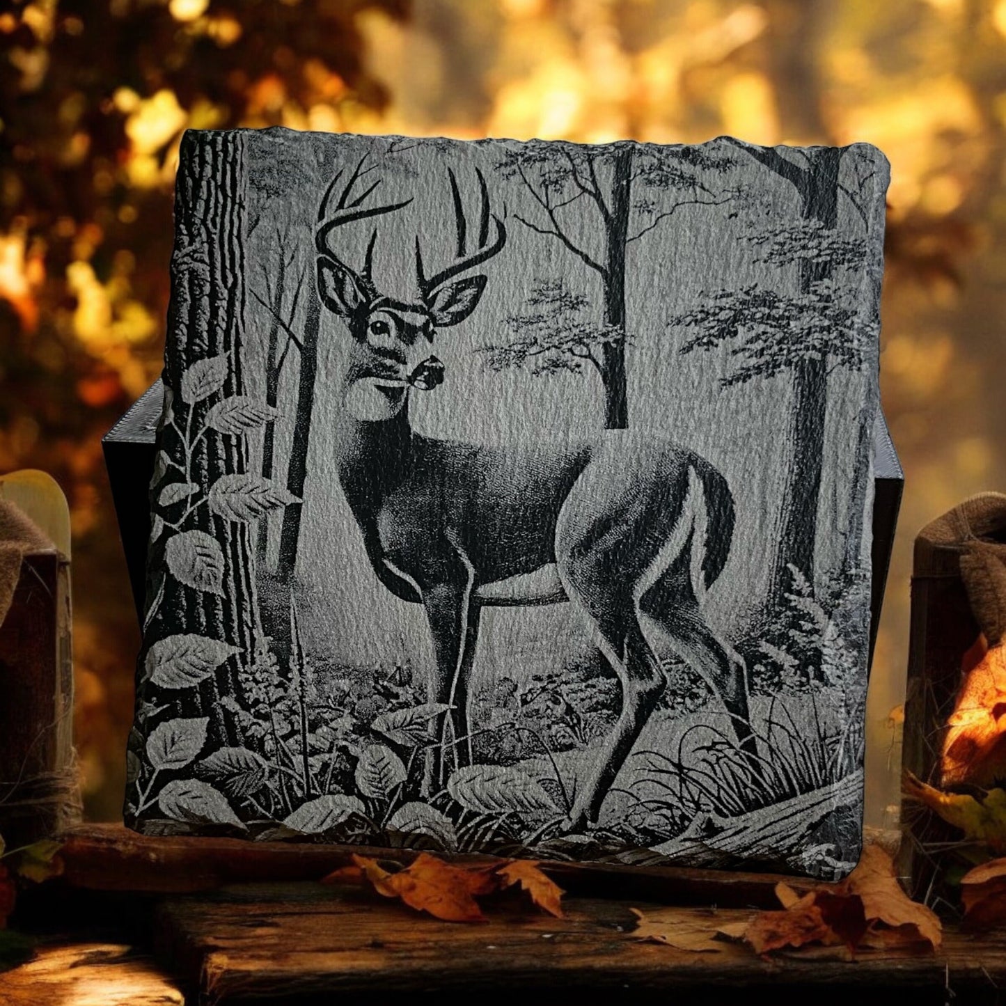 Buck Deer Coasters - Set of 4 Laser Etched Rustic Deer Themed Prints w/Coaster Holder | Wildlife Art Collection | Home Decor & Drinkware