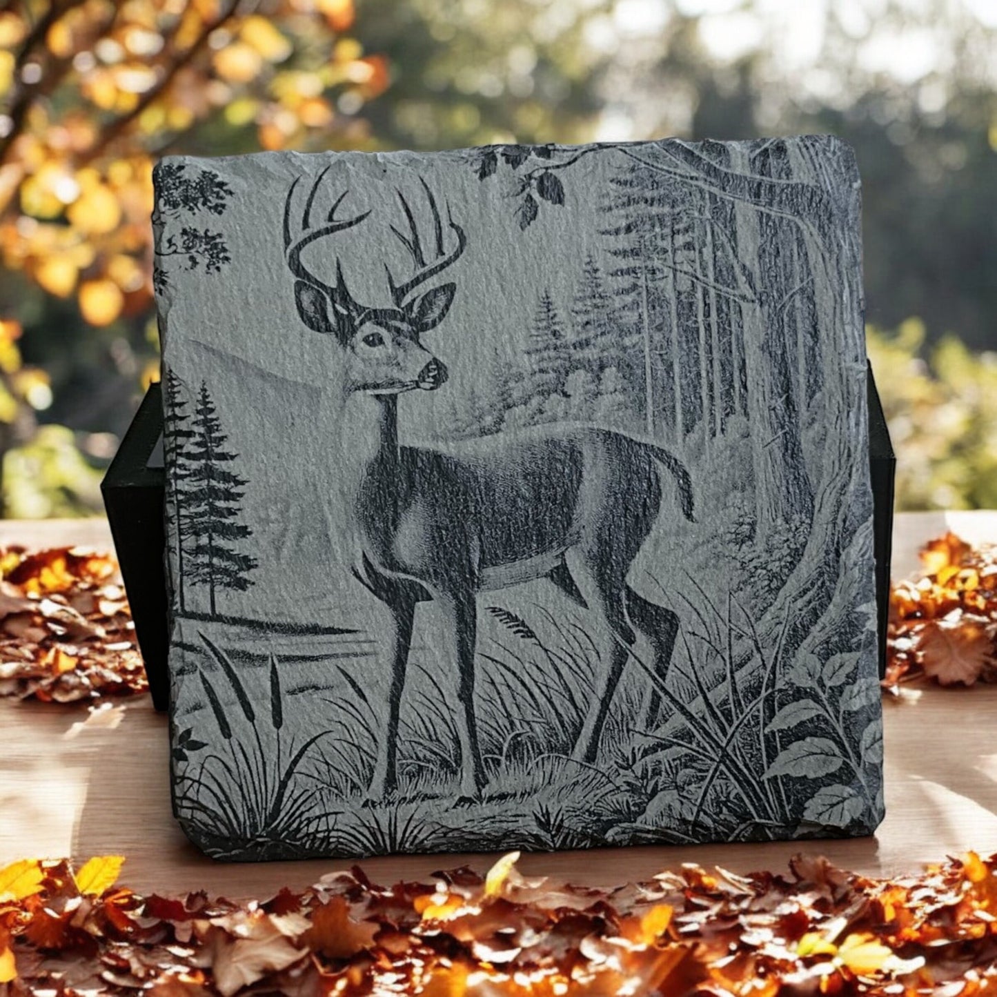 Buck Deer Coasters - Set of 4 Laser Etched Rustic Deer Themed Prints w/Coaster Holder | Wildlife Art Collection | Home Decor & Drinkware