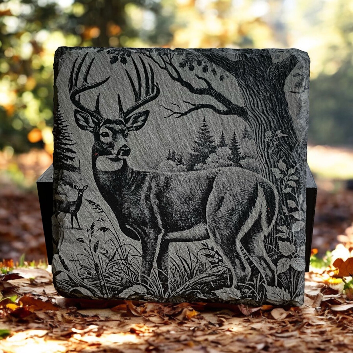 Buck Deer Coasters - Set of 4 Laser Etched Rustic Deer Themed Prints w/Coaster Holder | Wildlife Art Collection | Home Decor & Drinkware