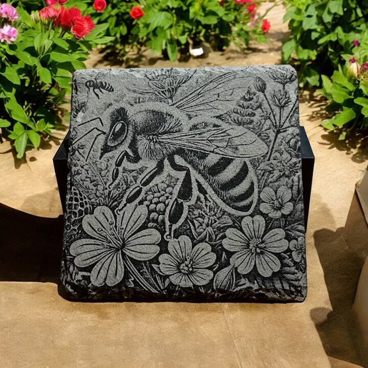 Bee Coasters - Set of 4 Laser Etched Rustic Bee Themed Stone Coasters w/Coaster Holder | Wildlife Art Collection | Home Decor & Drinkware