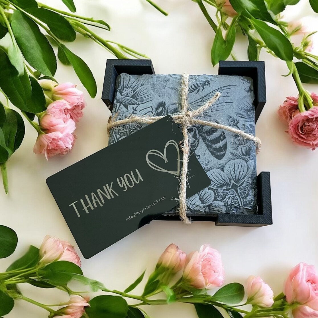 Bee Coasters - Set of 4 Laser Etched Rustic Bee Themed Stone Coasters w/Coaster Holder | Wildlife Art Collection | Home Decor & Drinkware