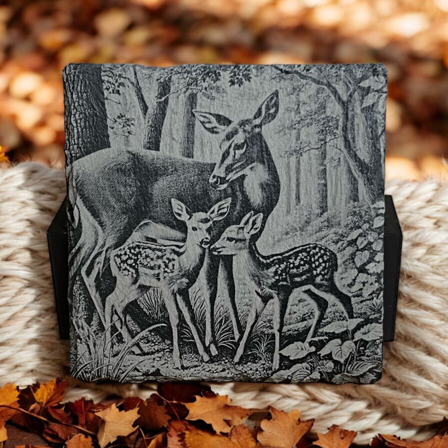 Fawn/Doe Coasters - Set of 4 Laser Etched Rustic Fawn Themed Prints w/Coaster Holder | Wildlife Art Collection | Home Decor & Drinkware