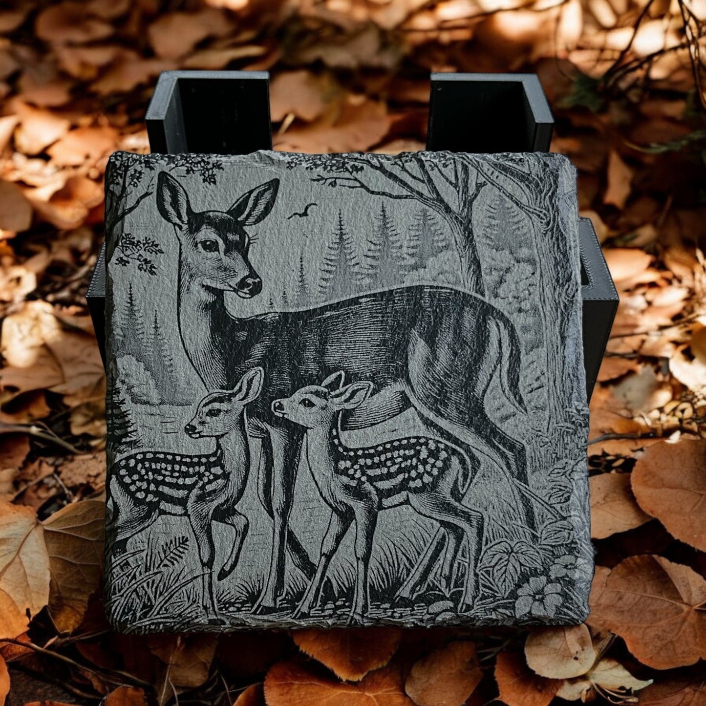 Fawn/Doe Coasters - Set of 4 Laser Etched Rustic Fawn Themed Prints w/Coaster Holder | Wildlife Art Collection | Home Decor & Drinkware