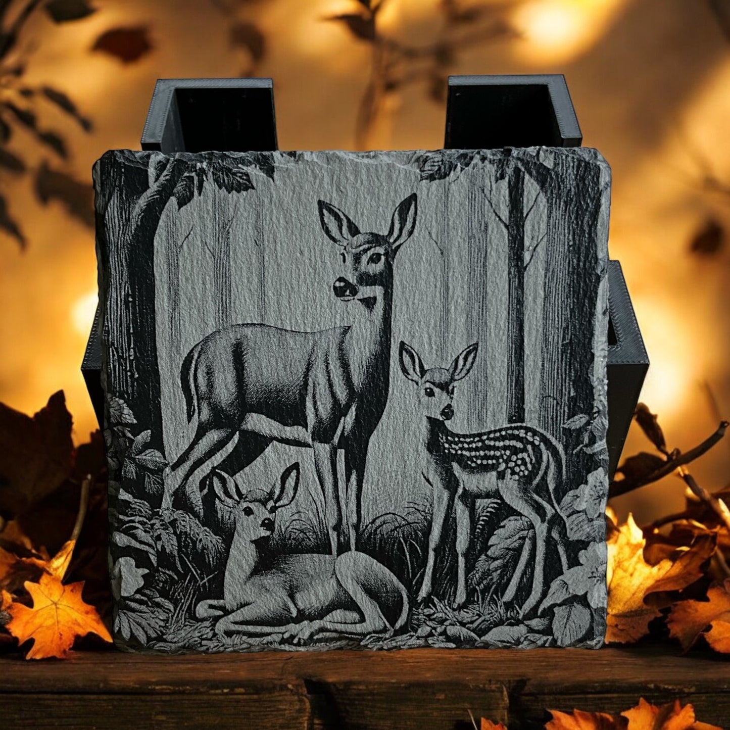 Fawn/Doe Coasters - Set of 4 Laser Etched Rustic Fawn Themed Prints w/Coaster Holder | Wildlife Art Collection | Home Decor & Drinkware