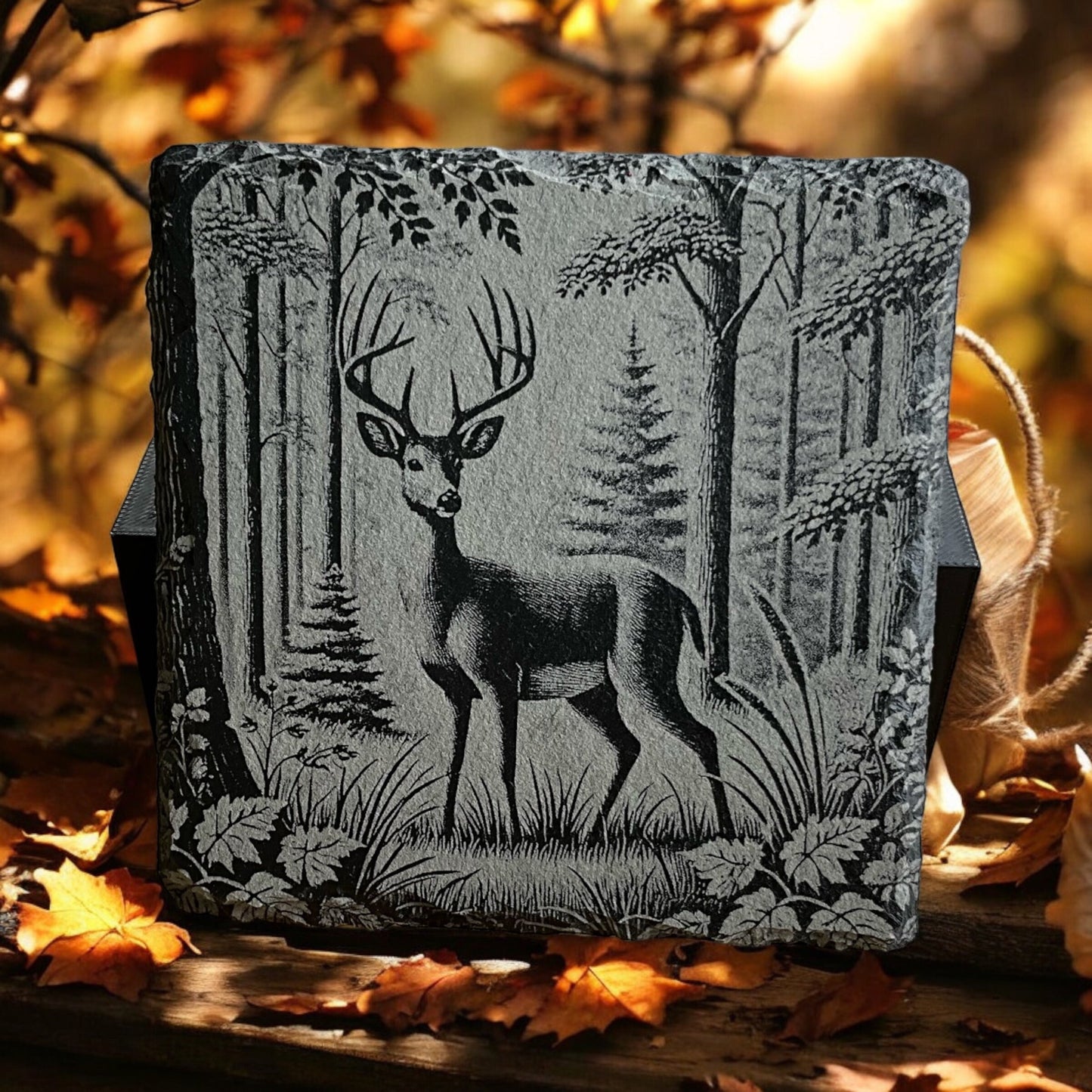 Buck Deer Coasters - Set of 4 Laser Etched Rustic Deer Themed Prints w/Coaster Holder | Wildlife Art Collection | Home Decor & Drinkware
