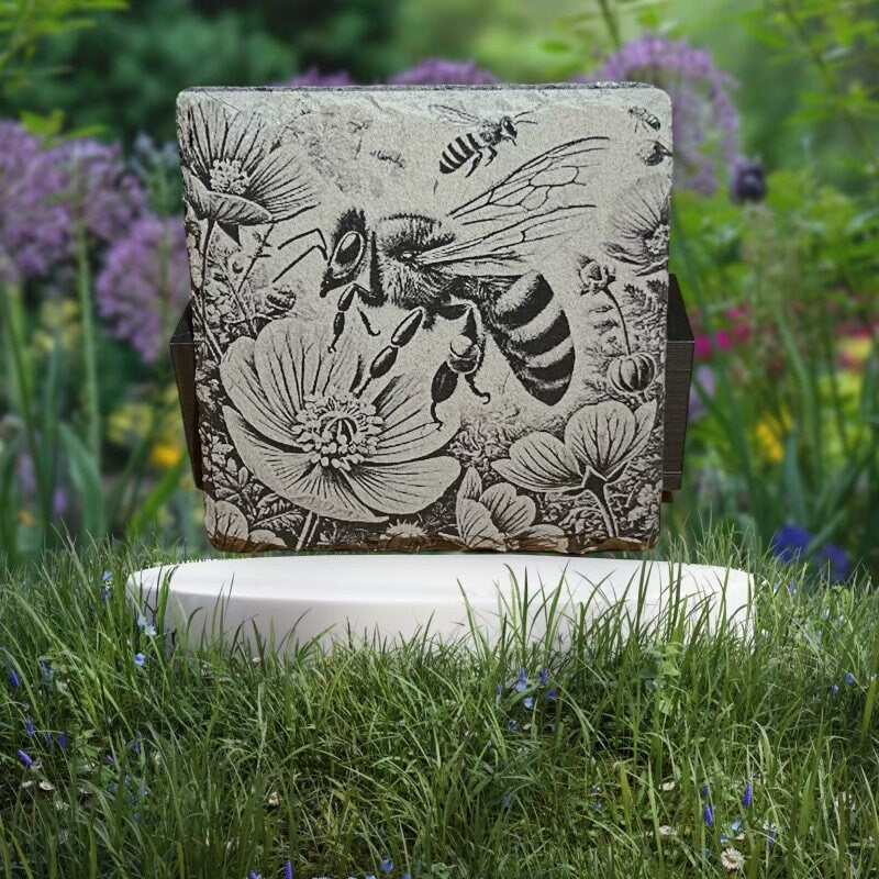 Bee Coasters - Set of 4 Laser Etched Rustic Bee Themed Stone Coasters w/Coaster Holder | Wildlife Art Collection | Home Decor & Drinkware