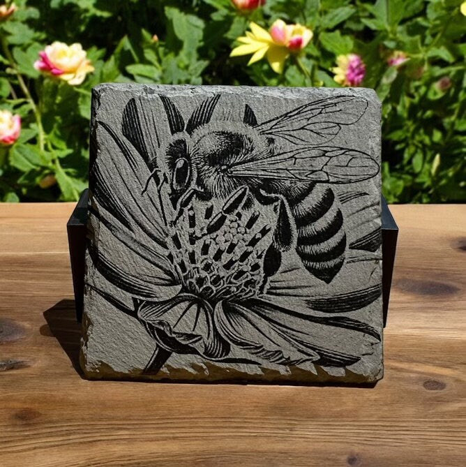 Bee Coasters - Set of 4 Laser Etched Rustic Bee Themed Stone Coasters w/Coaster Holder | Wildlife Art Collection | Home Decor & Drinkware