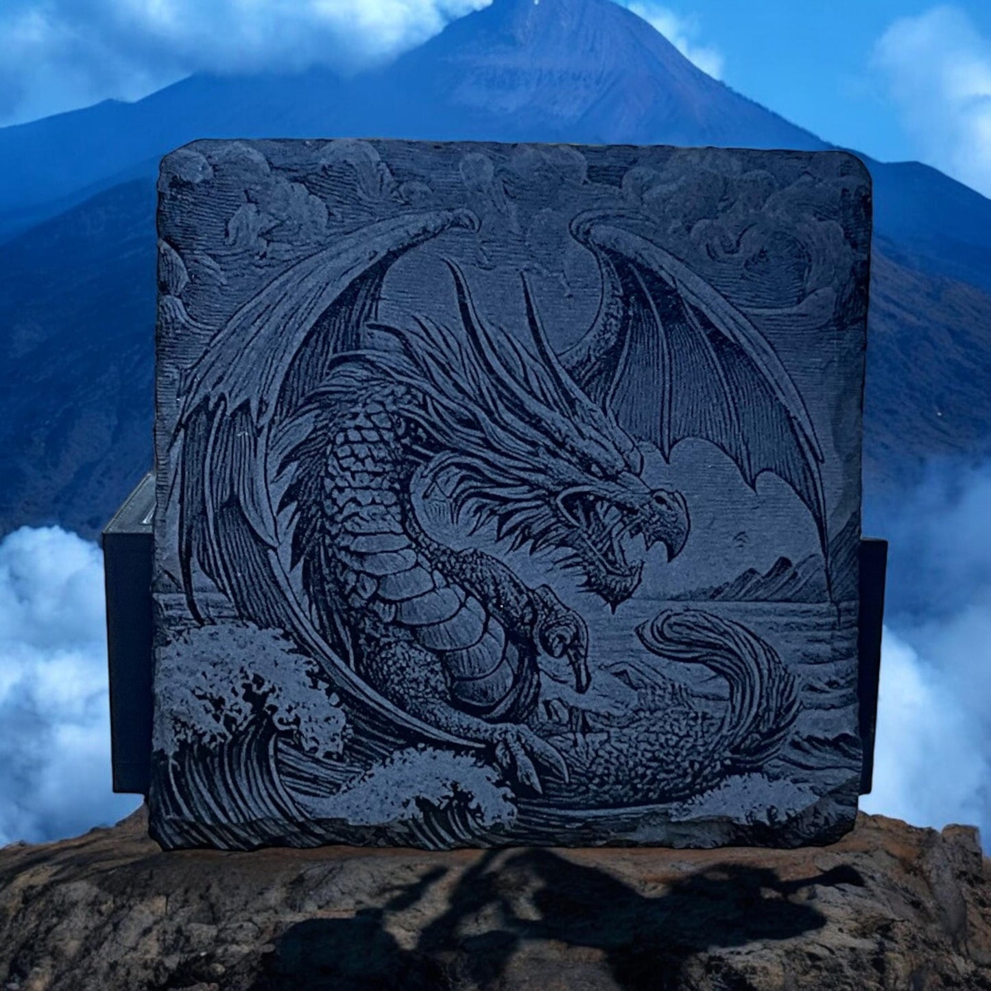 Dragon Coasters - Set of 4 Laser Etched Fantasy Dragon Themed Prints w/Coaster Holder | Epic Fantasy Art Collection | Home Decor & Drinkware