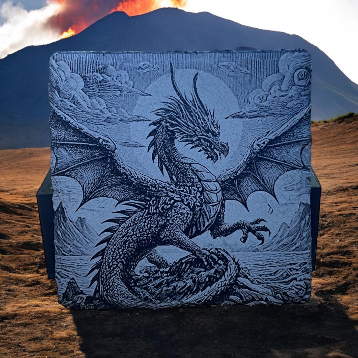 Dragon Coasters - Set of 4 Laser Etched Fantasy Dragon Themed Prints w/Coaster Holder | Epic Fantasy Art Collection | Home Decor & Drinkware