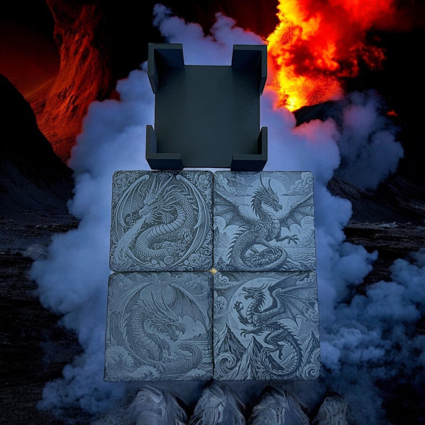 Dragon Coasters - Set of 4 Laser Etched Fantasy Dragon Themed Prints w/Coaster Holder | Epic Fantasy Art Collection | Home Decor & Drinkware