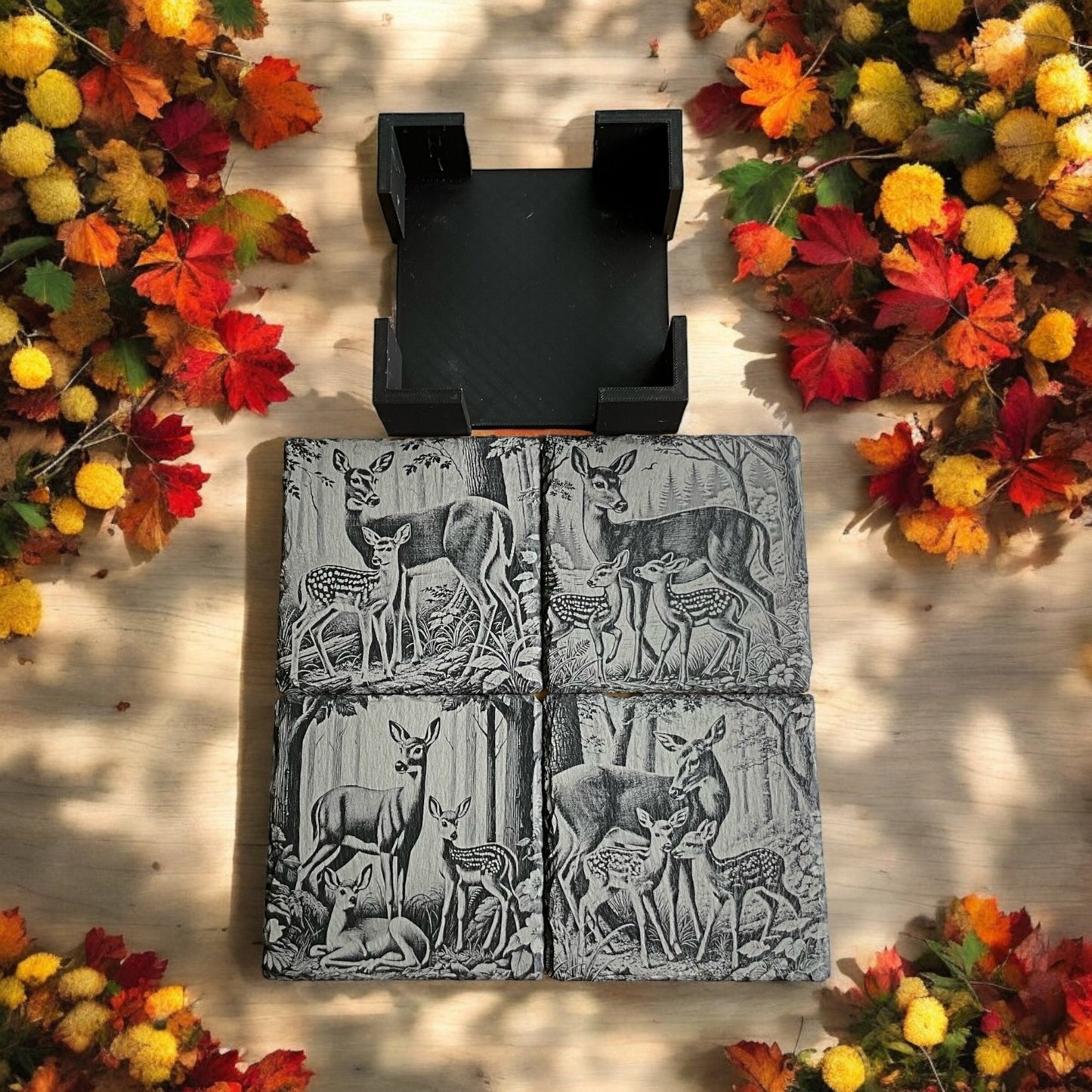 Fawn/Doe Coasters - Set of 4 Laser Etched Rustic Fawn Themed Prints w/Coaster Holder | Wildlife Art Collection | Home Decor & Drinkware