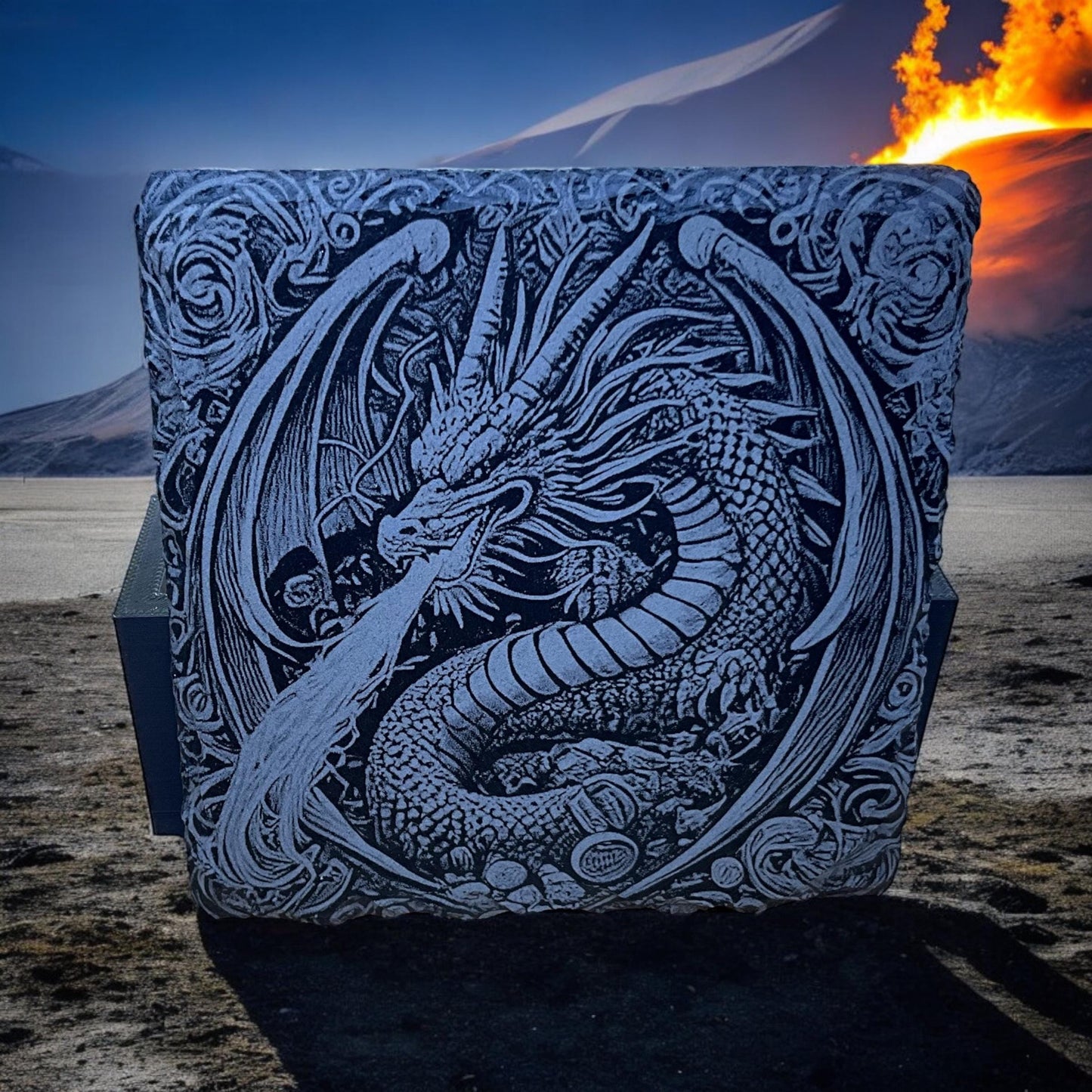 Dragon Coasters - Set of 4 Laser Etched Fantasy Dragon Themed Prints w/Coaster Holder | Epic Fantasy Art Collection | Home Decor & Drinkware