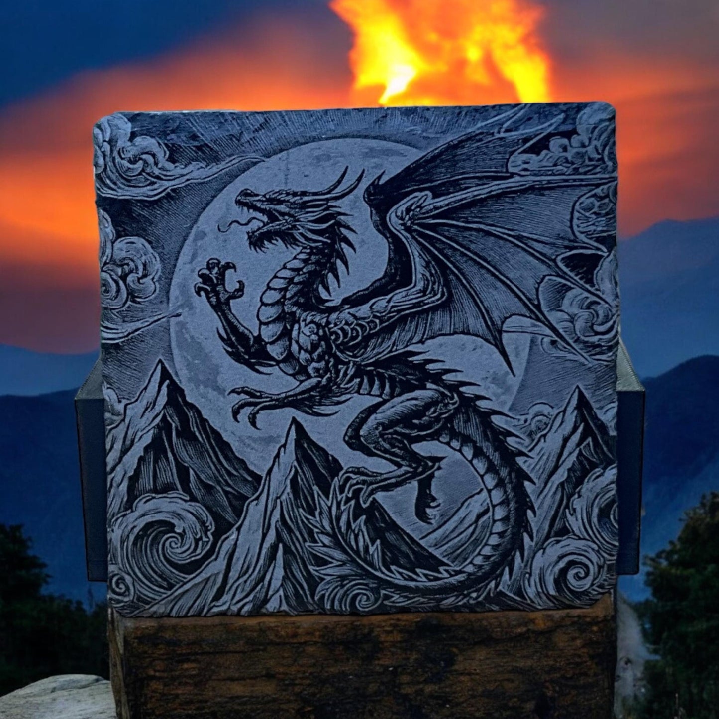 Dragon Coasters - Set of 4 Laser Etched Fantasy Dragon Themed Prints w/Coaster Holder | Epic Fantasy Art Collection | Home Decor & Drinkware