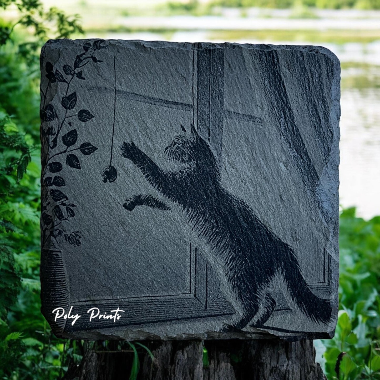 Cat Coasters - Set of 4 Laser Etched House Cat Themed Prints w/Coaster Holder | Feline Art Collection | Home Decor & Drinkware