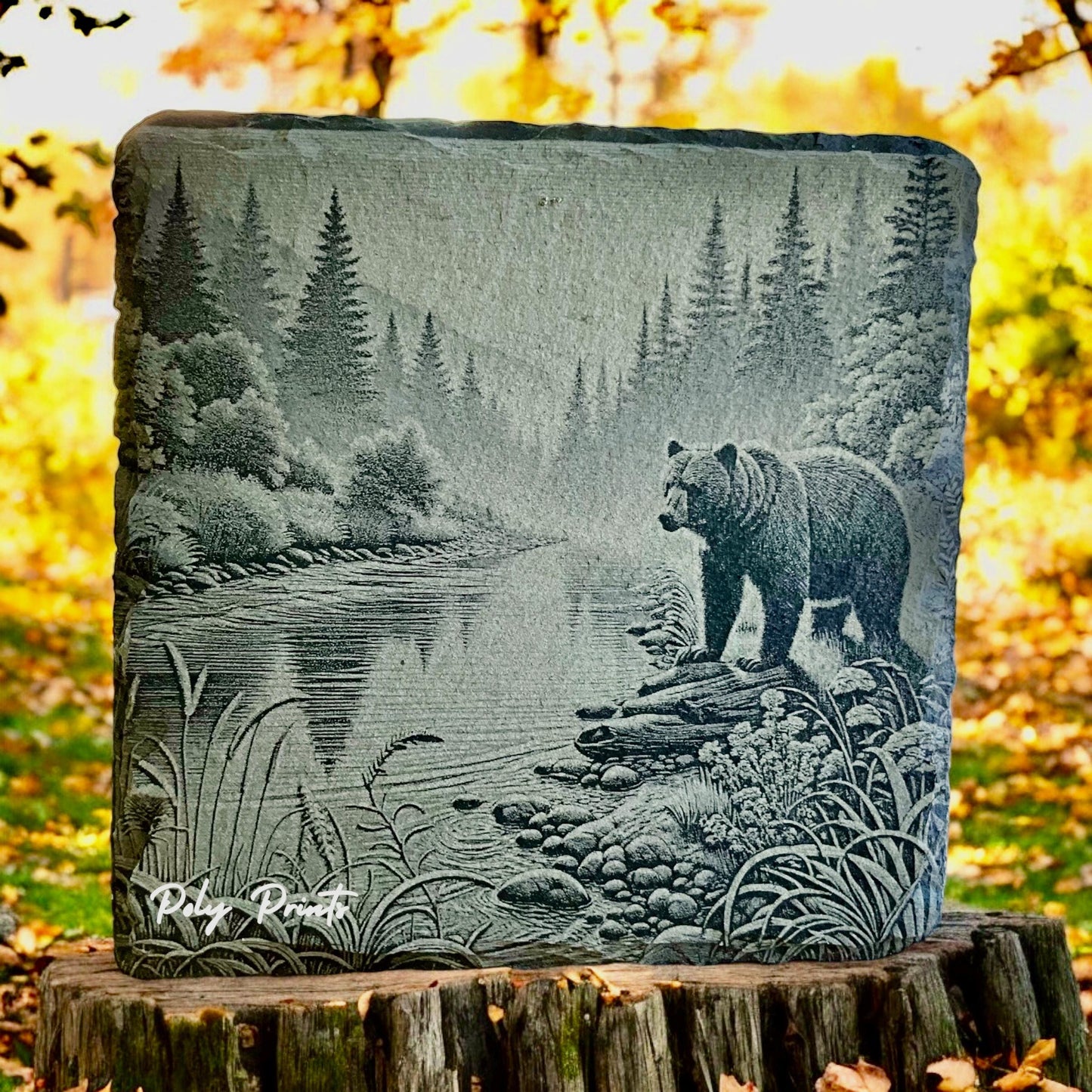 Wild Bear Coasters - Set of 4 With Holder | Rustic Wildlife Home Decor | Engraved Stone Coasters for Nature Lovers