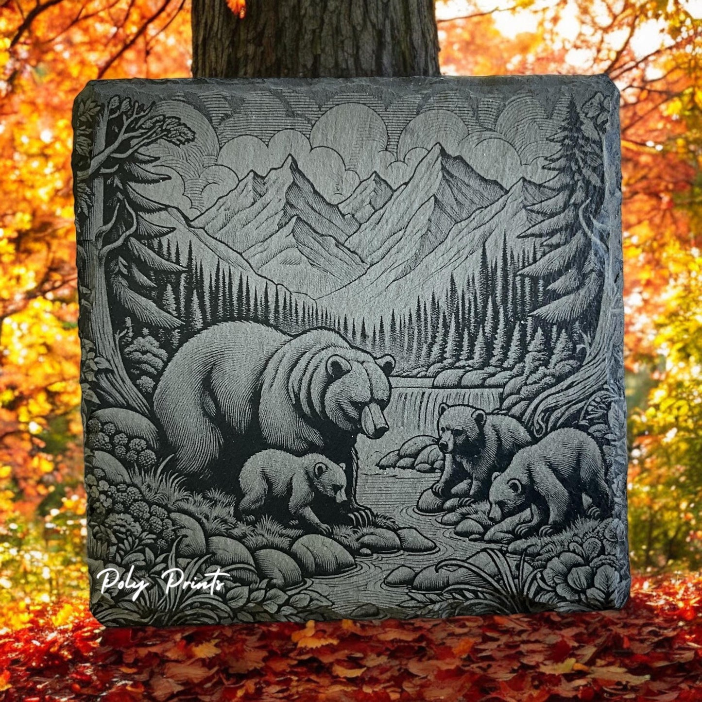 Wild Bear Coasters - Set of 4 With Holder | Rustic Wildlife Home Decor | Engraved Stone Coasters for Nature Lovers