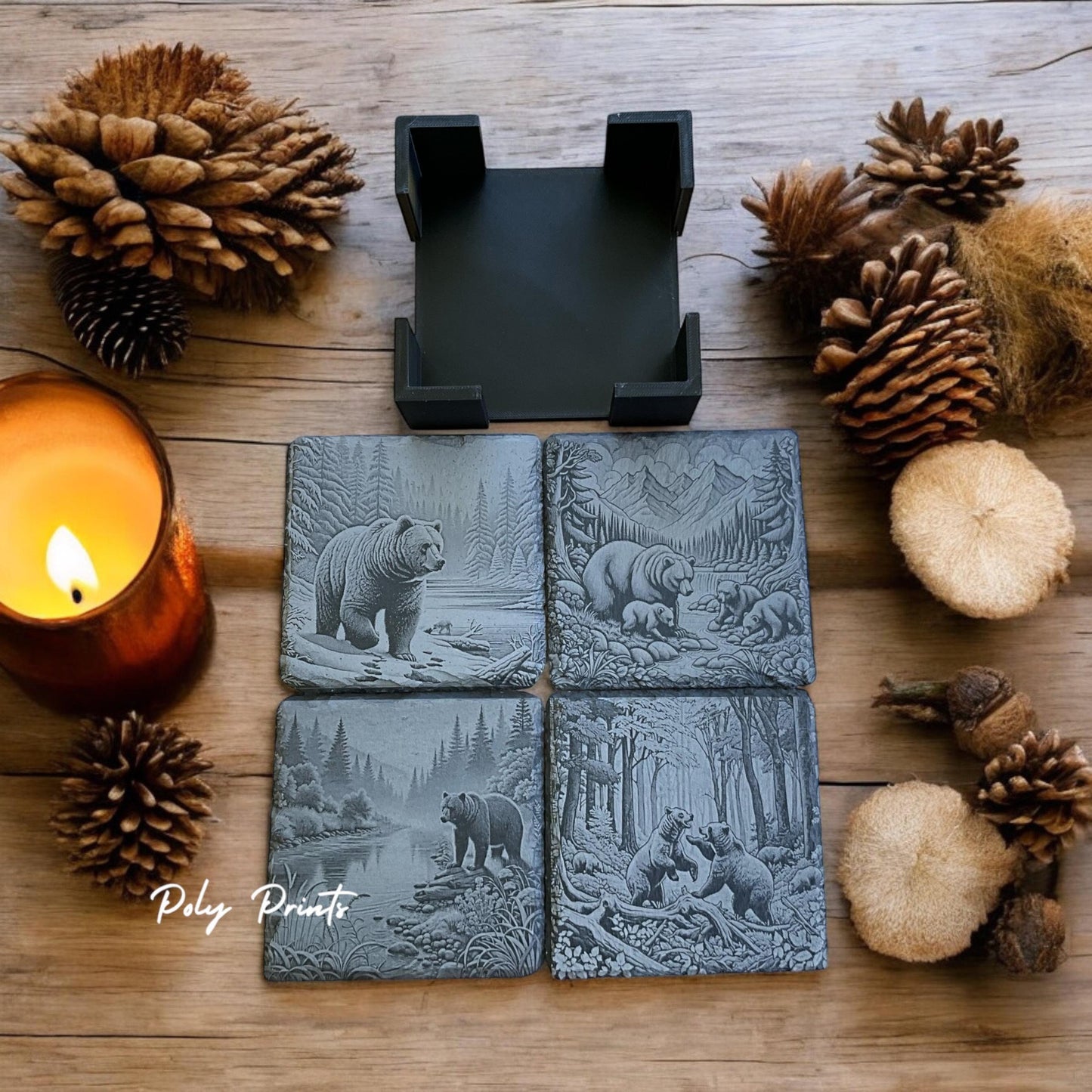 Wild Bear Coasters - Set of 4 With Holder | Rustic Wildlife Home Decor | Engraved Stone Coasters for Nature Lovers