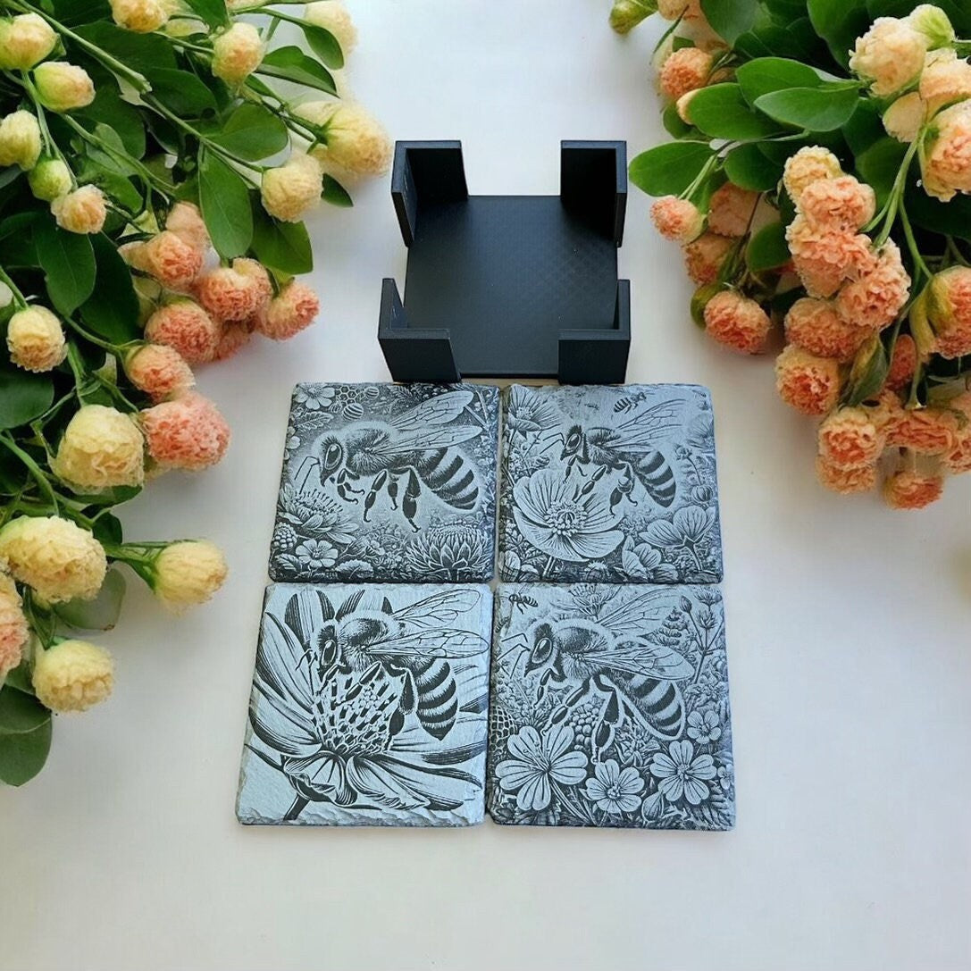 Bee Coasters - Set of 4 Laser Etched Rustic Bee Themed Stone Coasters w/Coaster Holder | Wildlife Art Collection | Home Decor & Drinkware