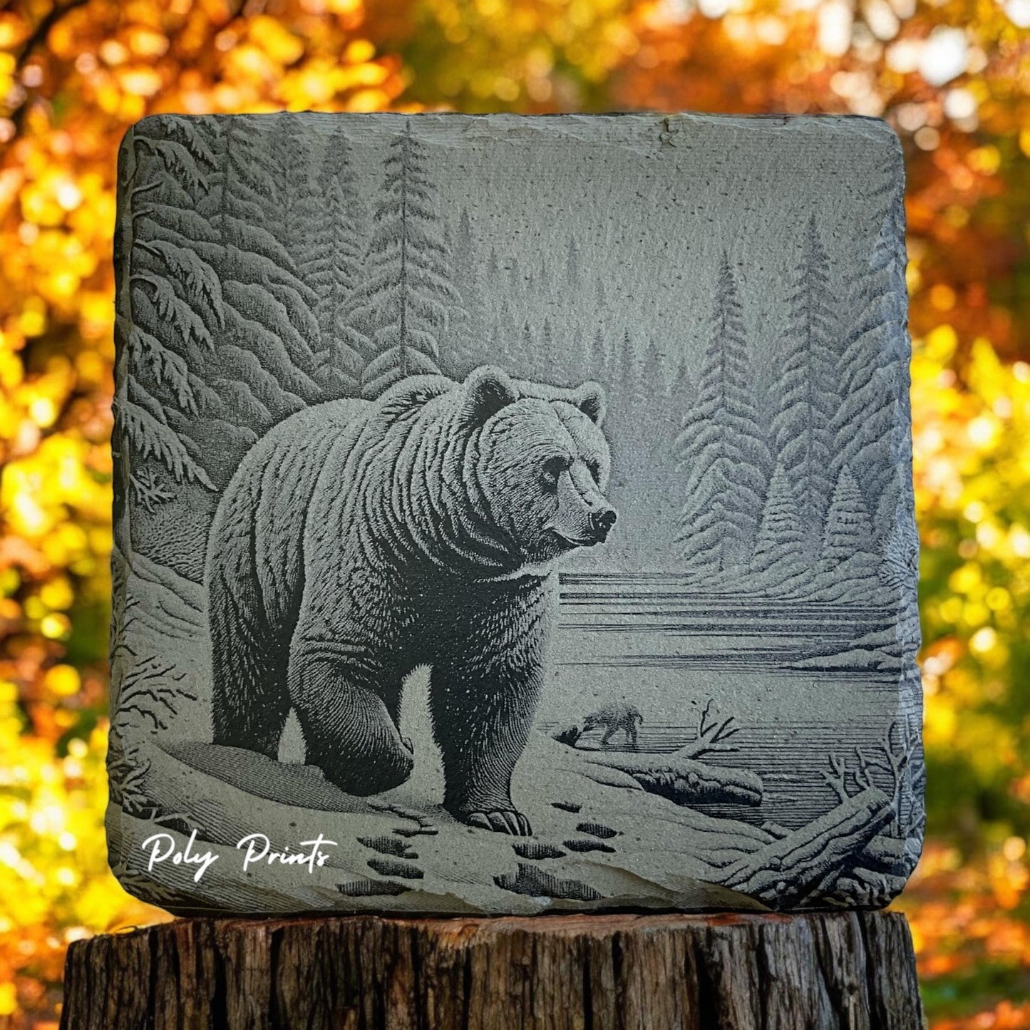 Wild Bear Coasters - Set of 4 With Holder | Rustic Wildlife Home Decor | Engraved Stone Coasters for Nature Lovers