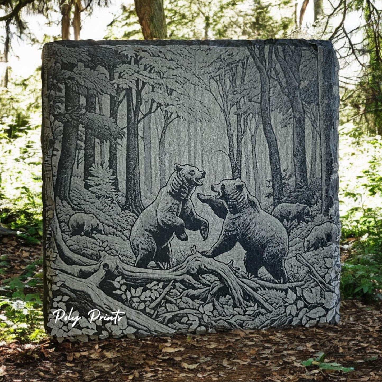 Wild Bear Coasters - Set of 4 With Holder | Rustic Wildlife Home Decor | Engraved Stone Coasters for Nature Lovers