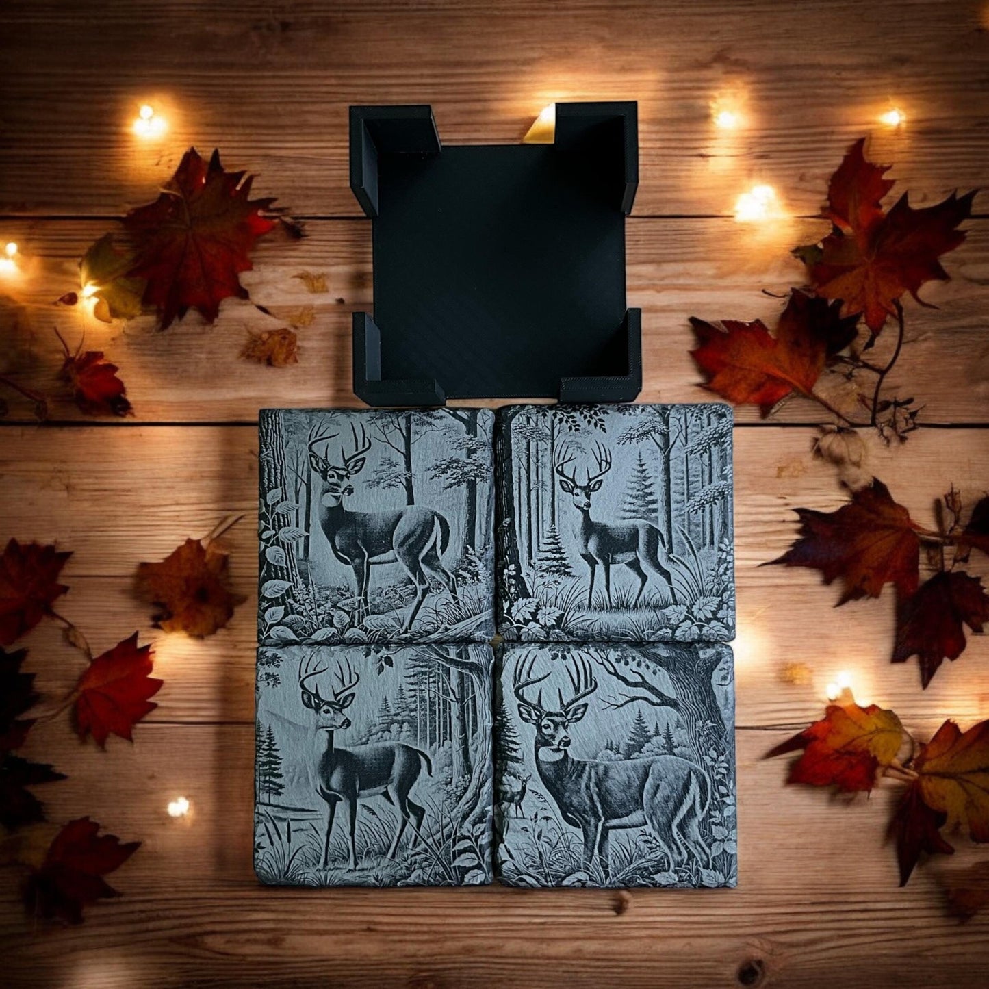 Buck Deer Coasters - Set of 4 Laser Etched Rustic Deer Themed Prints w/Coaster Holder | Wildlife Art Collection | Home Decor & Drinkware