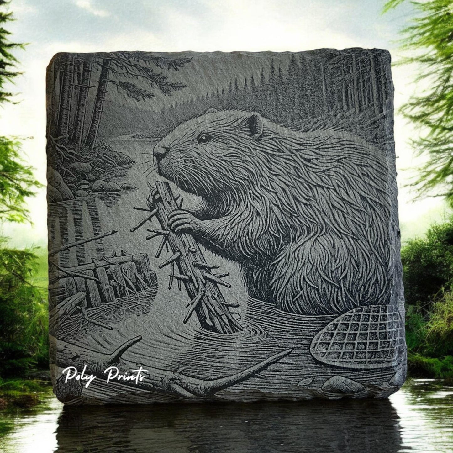 Beaver Coasters - Set of 4 Laser Etched Rustic Beaver Themed Prints w/Coaster Holder | Wildlife Art Collection | Home Decor & Drinkware