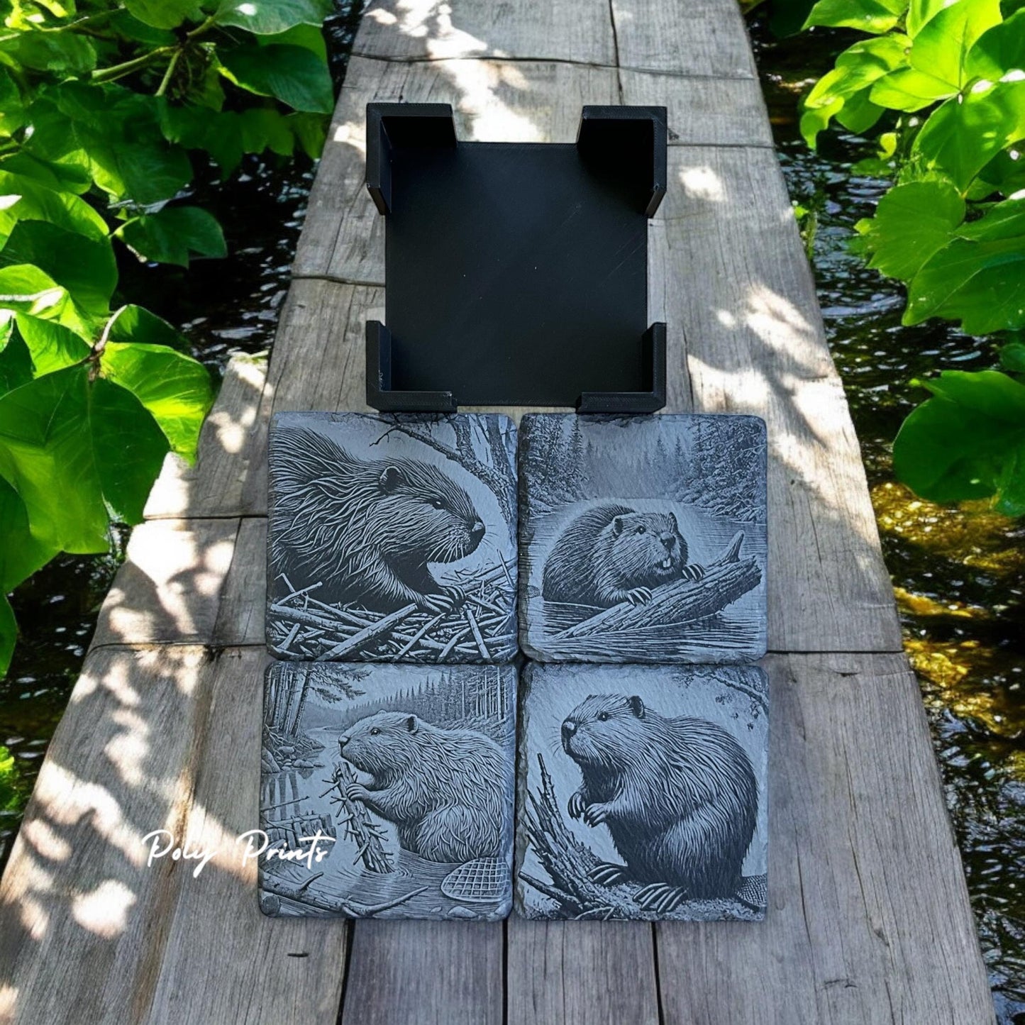 Beaver Coasters - Set of 4 Laser Etched Rustic Beaver Themed Prints w/Coaster Holder | Wildlife Art Collection | Home Decor & Drinkware