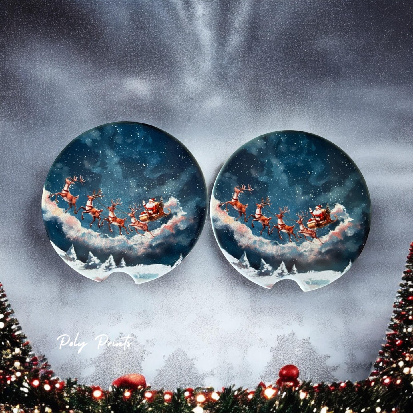 Santa-Themed Sandstone Car Coasters - Set of 2 Absorbent Christmas Cup Holder Coasters | Santa & Reindeer Sleigh | Holiday Accessory