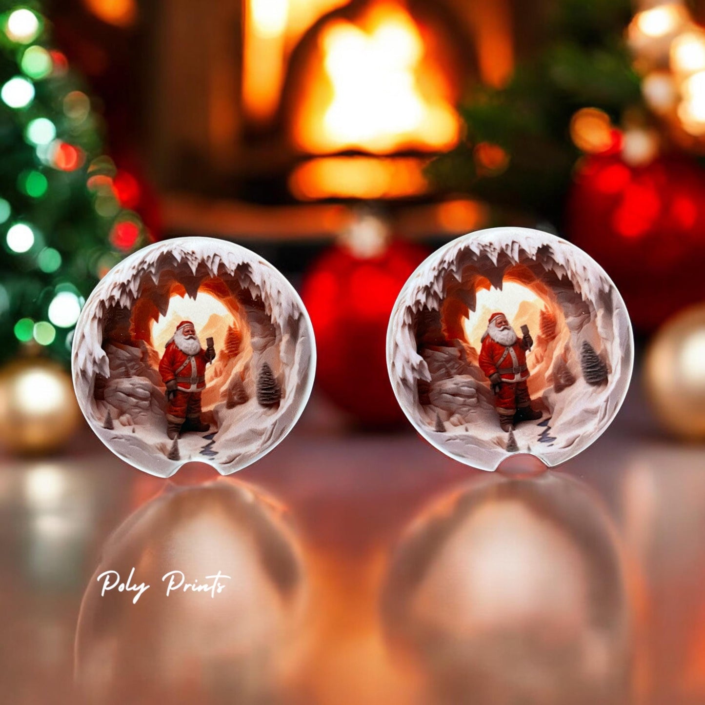 Santa Claus Sandstone Car Coasters - Set of 2 Absorbent Coasters with Snowy Winter Design | Christmas Car Accessory | Holiday Accessory