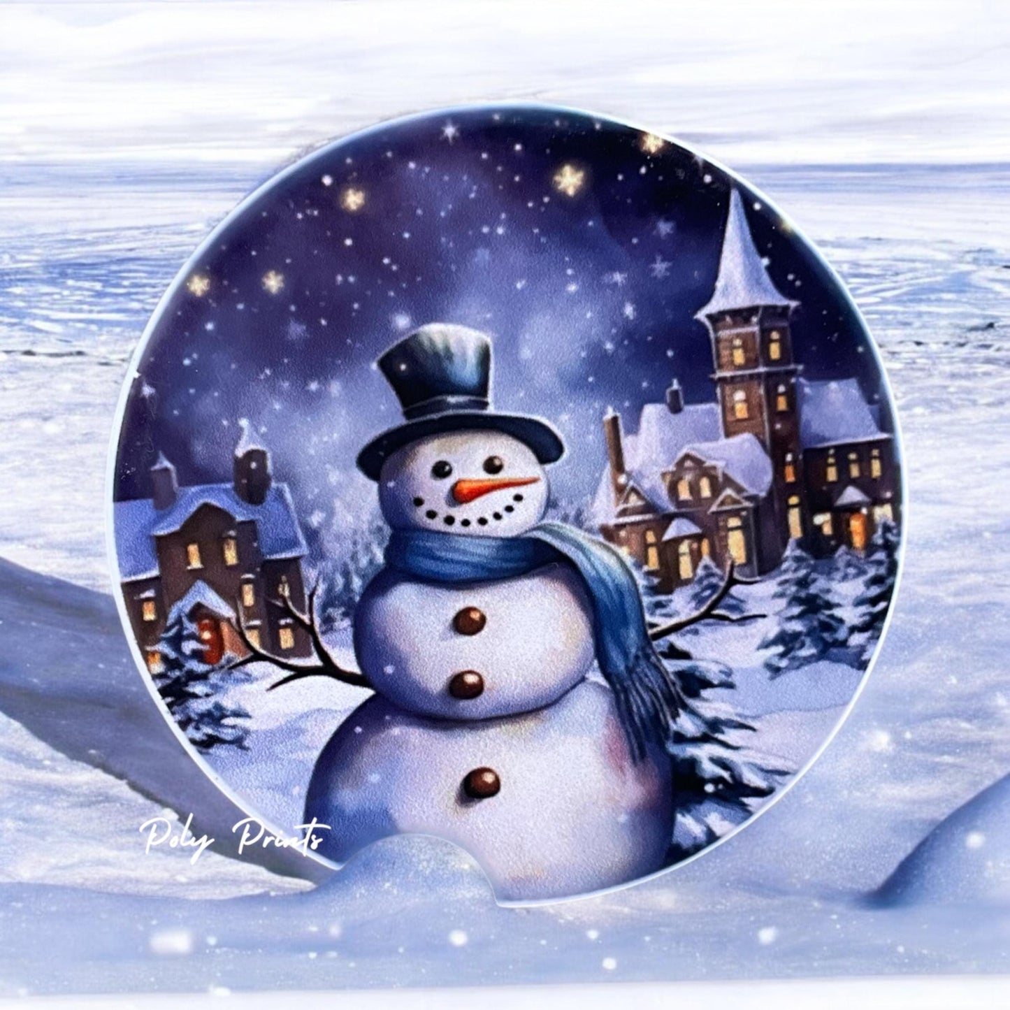 Snowman Sandstone Car Coasters - Set of 2 Absorbent Car Cup Holder Coasters | Winter Snowman Theme | Christmas Car Accessory