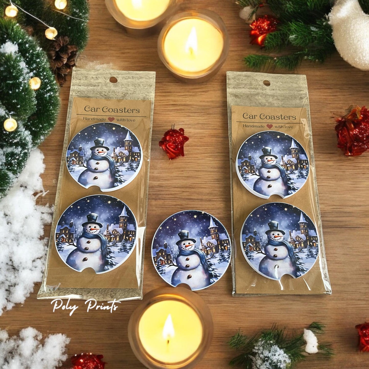 Snowman Sandstone Car Coasters - Set of 2 Absorbent Car Cup Holder Coasters | Winter Snowman Theme | Christmas Car Accessory