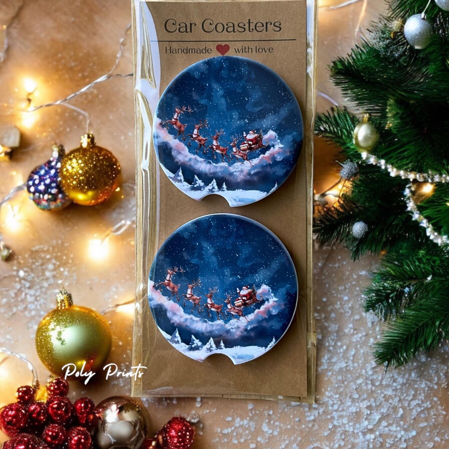 Santa-Themed Sandstone Car Coasters - Set of 2 Absorbent Christmas Cup Holder Coasters | Santa & Reindeer Sleigh | Holiday Accessory
