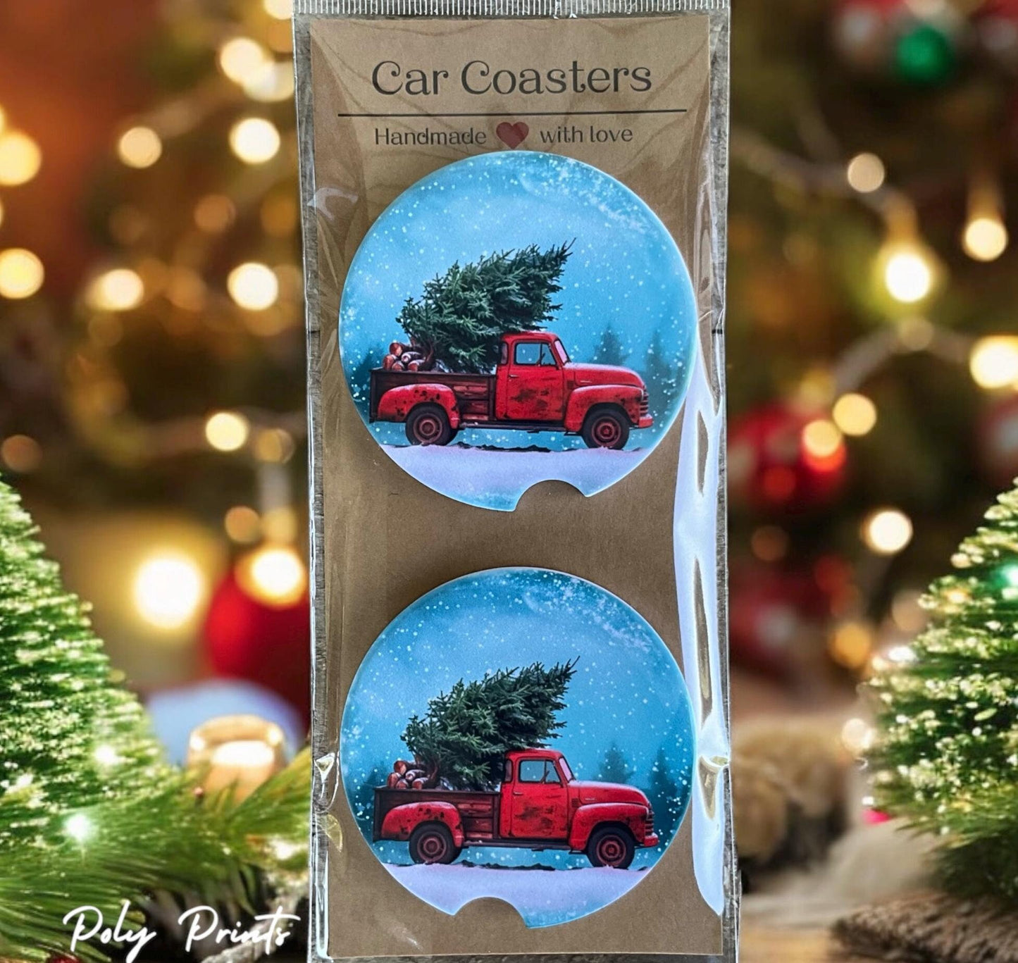 Vintage Christmas Truck Sandstone Car Coasters - Set of 2 Absorbent Coasters with Christmas Tree Design | Festive Holiday Car Accessory