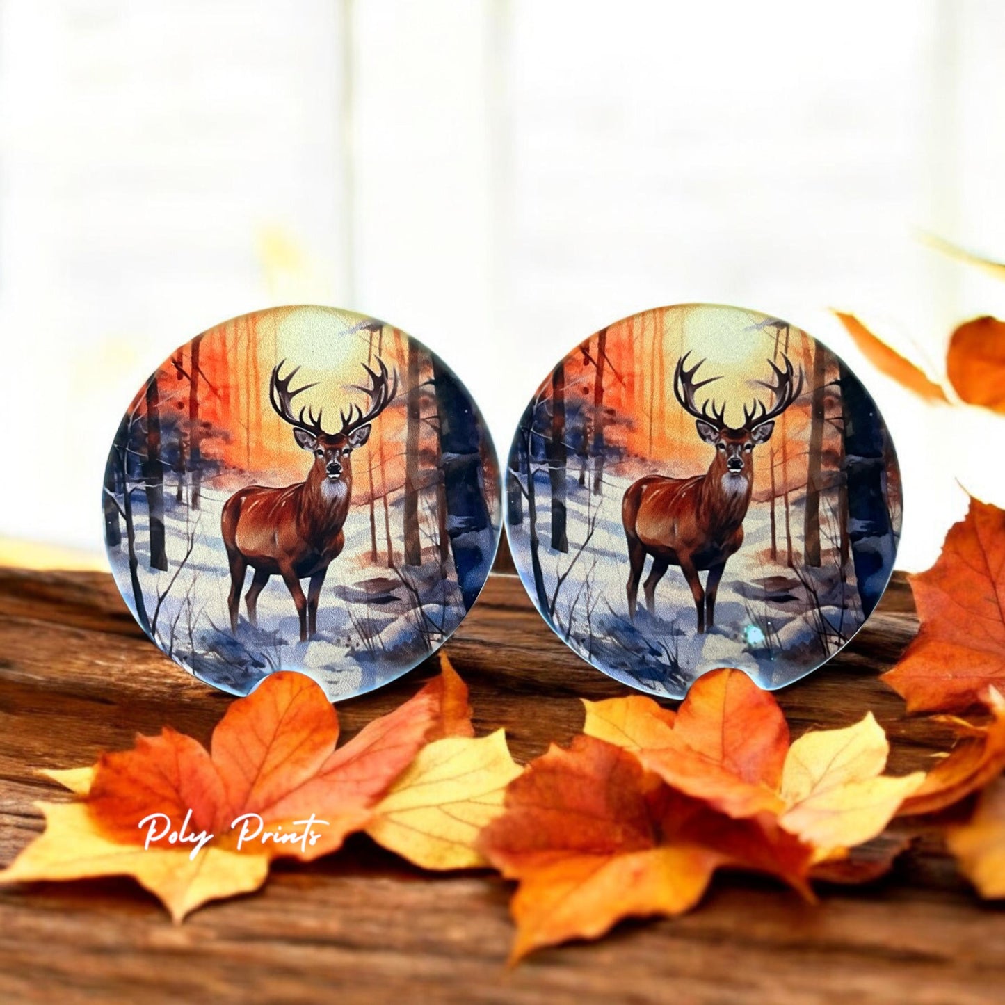 Deer in Snowy Forest Sandstone Car Coasters - Set of 2 Absorbent Winter Car Coasters | Nature & Wildlife Car Accessory | Winter Accessories