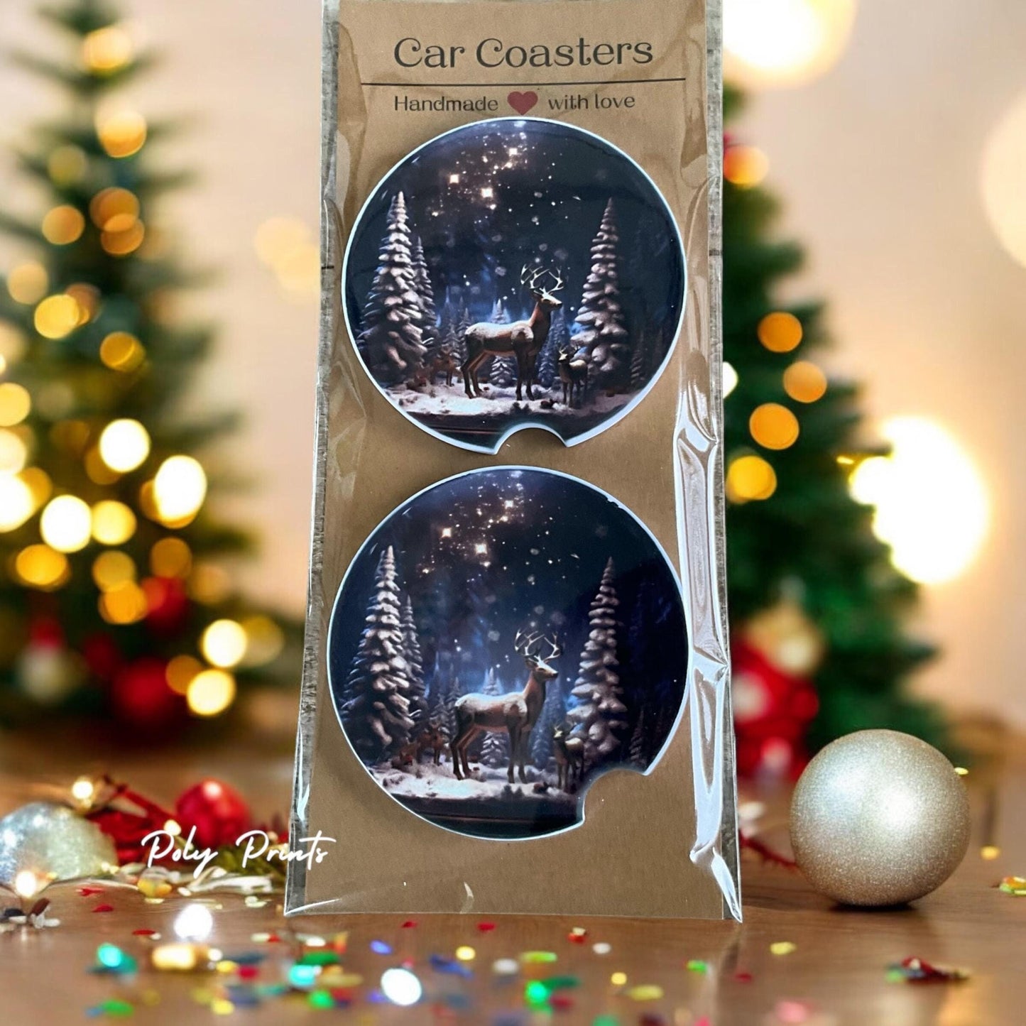 Winter Themed Deer Sandstone Car Coasters - Set of 2 Absorbent Car Cup Holder Coasters | Snowy Forest Scene | Nature & Wildlife Accessory