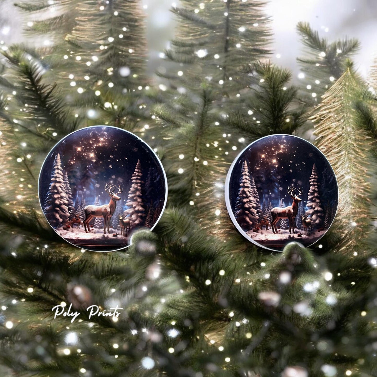 Winter Themed Deer Sandstone Car Coasters - Set of 2 Absorbent Car Cup Holder Coasters | Snowy Forest Scene | Nature & Wildlife Accessory