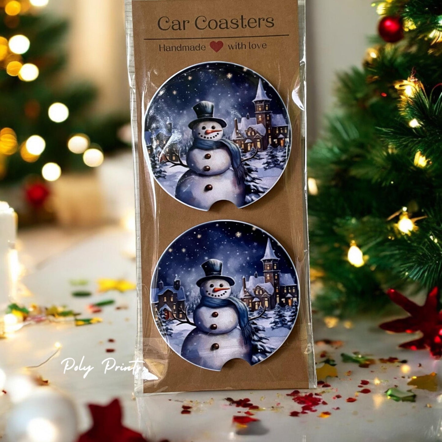 Snowman Sandstone Car Coasters - Set of 2 Absorbent Car Cup Holder Coasters | Winter Snowman Theme | Christmas Car Accessory