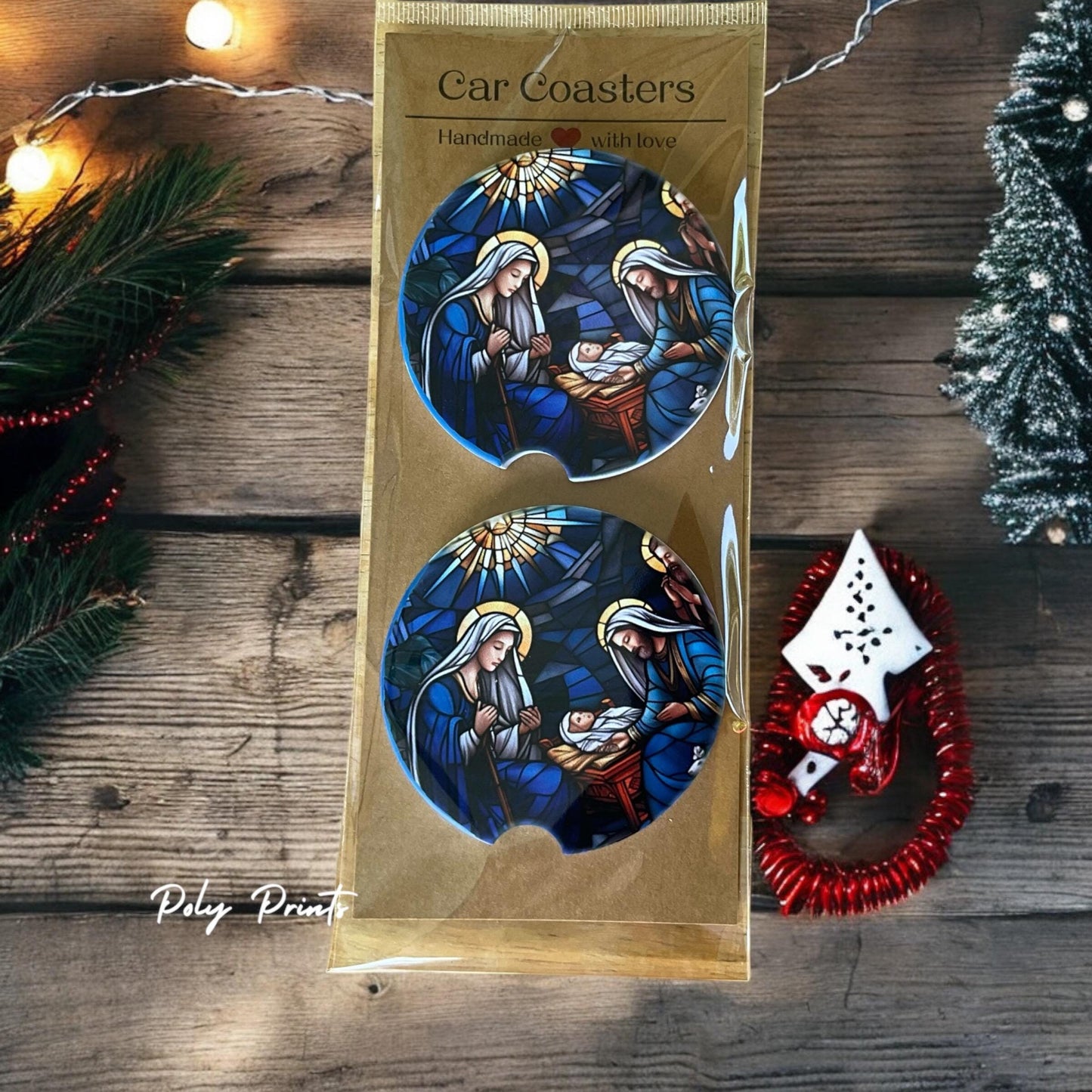 Nativity Scene Sandstone Car Coasters - Set of 2 Absorbent Coasters with Jesus and Manger Theme| Christmas Car Accessory