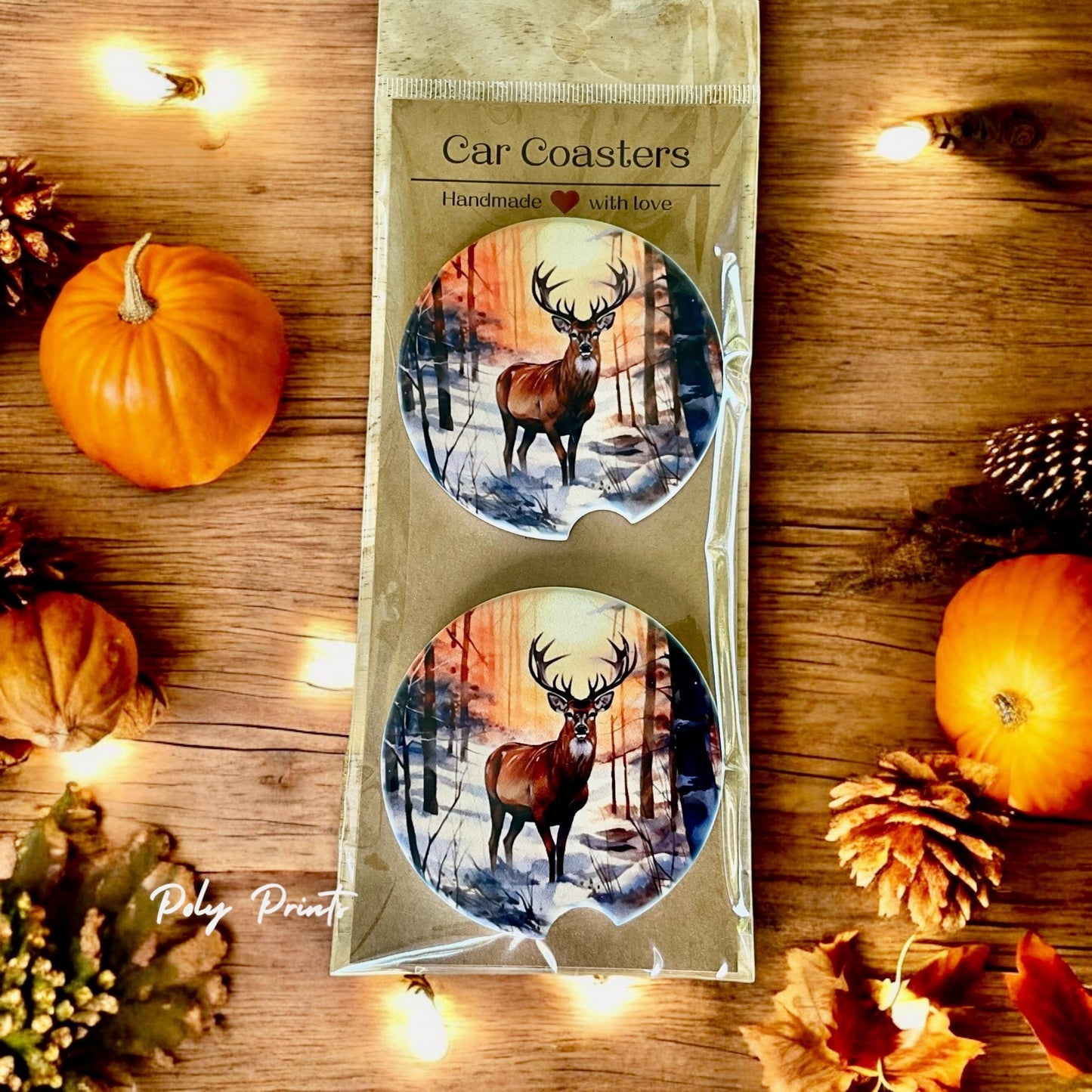 Deer in Snowy Forest Sandstone Car Coasters - Set of 2 Absorbent Winter Car Coasters | Nature & Wildlife Car Accessory | Winter Accessories