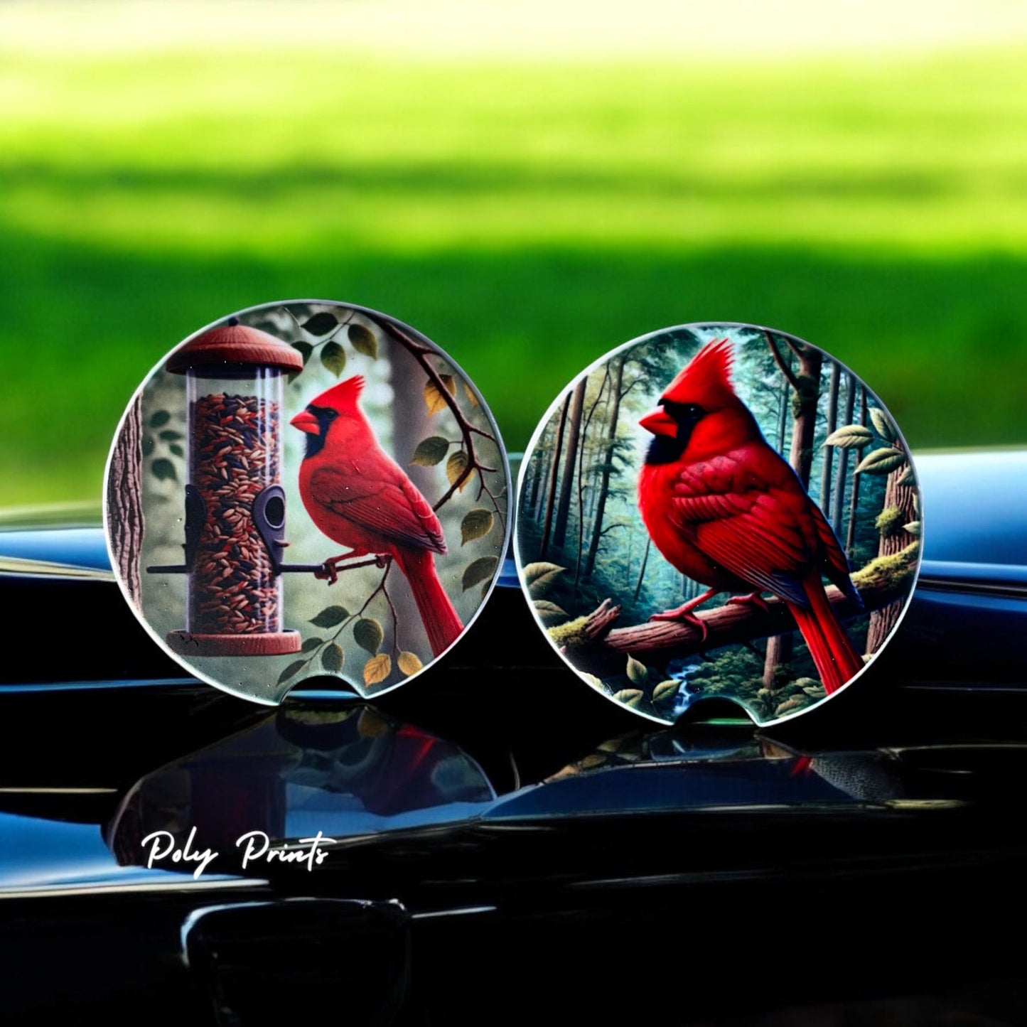Red Cardinal Sandstone Car Coasters - Set of 2 Absorbent Sandstone Car Coasters with Vibrant Cardinal Design | Nature-Themed Car Accessory