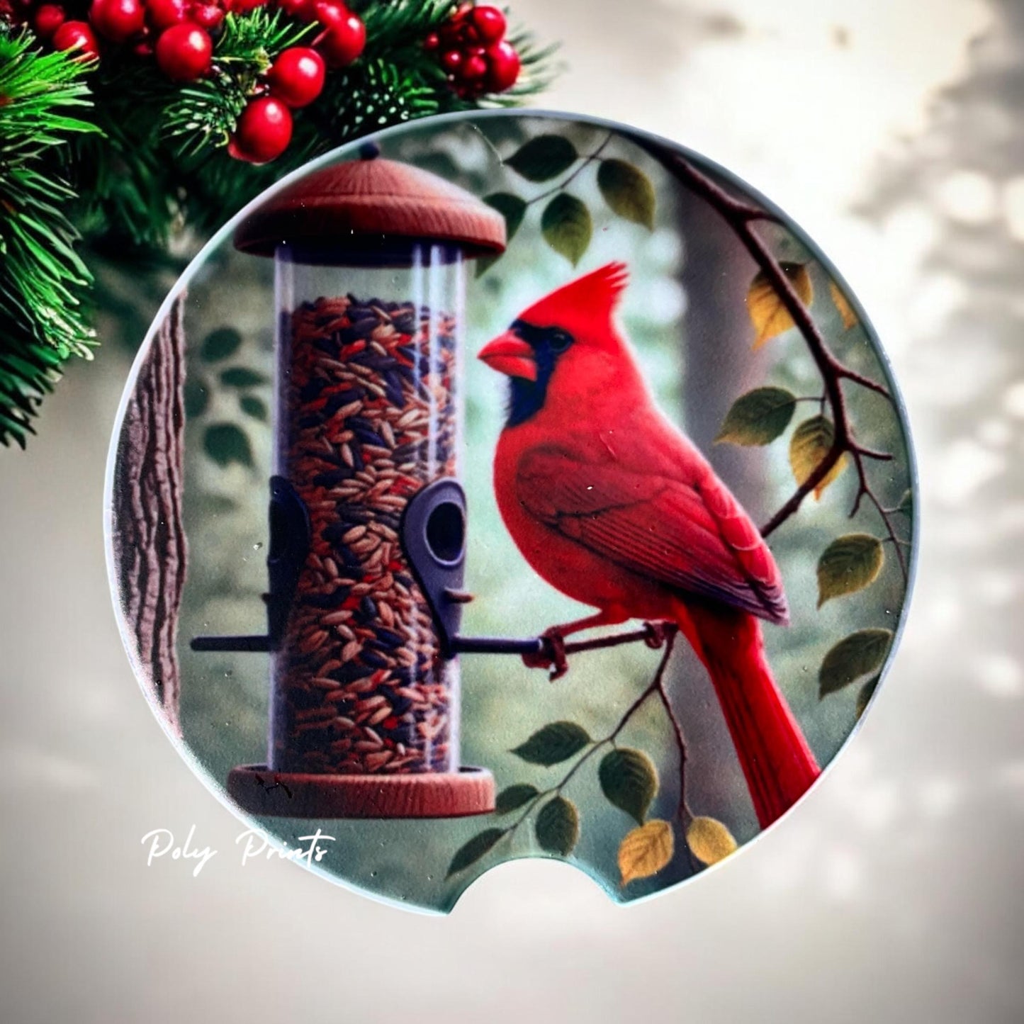 Red Cardinal Sandstone Car Coasters - Set of 2 Absorbent Sandstone Car Coasters with Vibrant Cardinal Design | Nature-Themed Car Accessory