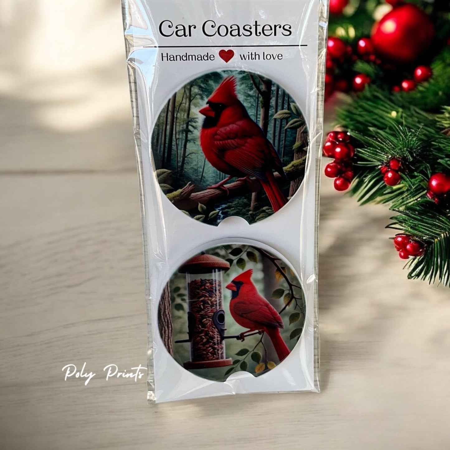 Red Cardinal Sandstone Car Coasters - Set of 2 Absorbent Sandstone Car Coasters with Vibrant Cardinal Design | Nature-Themed Car Accessory